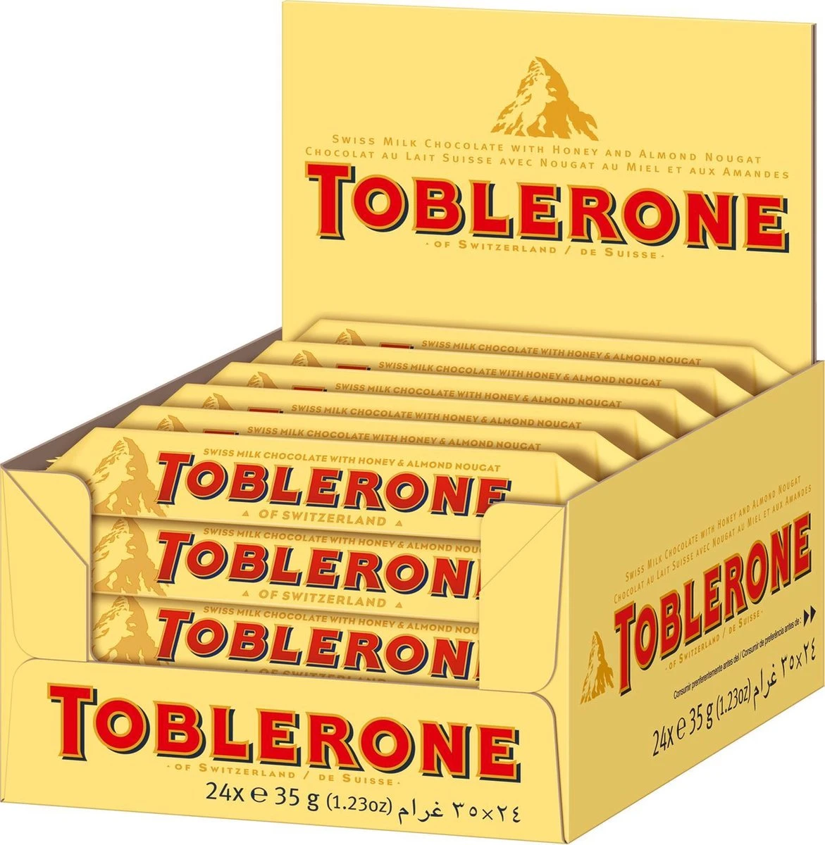 Toblerone Zwitserse Chocoladerepen - Grootverpakking - 24 Repen A 35 Gram 1 Toblerone Zwitserse Chocoladerepen - Grootverpakking - 24 Repen A 35 Gram