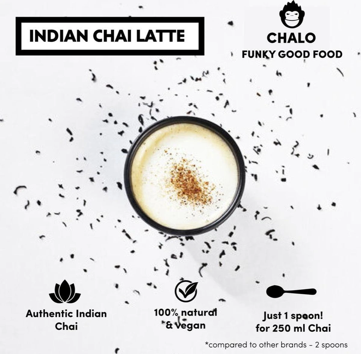 CHALO Chini Masala Chai Latte - Indische Vegan Chai - Zwarte Assam Thee - 25 Porties/ 300GR - Met Minder Suiker 6 CHALO Chini Masala Chai Latte - Indische Vegan Chai - Zwarte Assam Thee - 25 Porties/ 300GR - Met Minder Suiker - Afbeelding 6