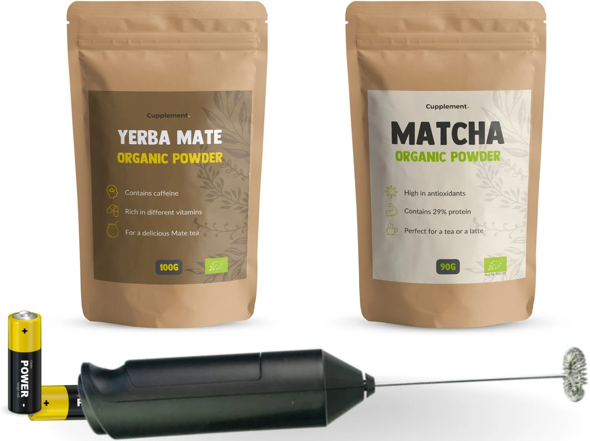 Cupplement | Thee Set 2 Delig | Yerba Mate 100 Gram & Matcha 90 Gram | Biologisch | Gratis Verzending, Opschuimer & Batterijen | Cadeau Pakket 1 Cupplement | Thee Set 2 Delig | Yerba Mate 100 Gram & Matcha 90 Gram | Biologisch | Gratis Verzending, Opschuimer & Batterijen | Cadeau Pakket