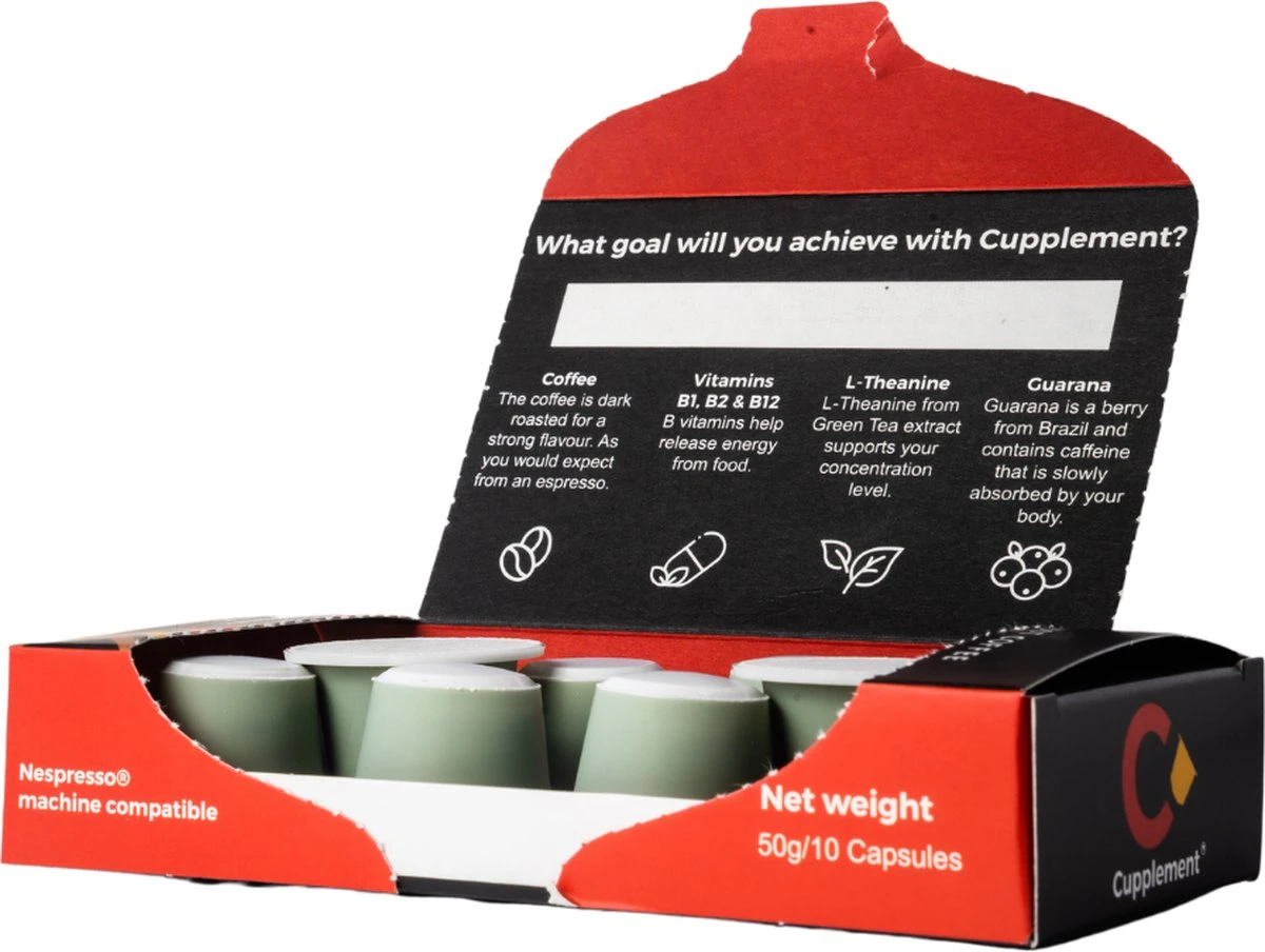 Cupplement Energy/Focus Blend Dark Roast Espresso - 10 Nespresso Koffiecups - Koffie Met Vitamines, Extra Cafeïne En Superfoods - Duurzame Biologische Afbreekbare Koffie Capsules 2 Cupplement Energy/Focus Blend Dark Roast Espresso - 10 Nespresso Koffiecups - Koffie Met Vitamines, Extra Cafeïne En Superfoods - Duurzame Biologische Afbreekbare Koffie Capsules - Afbeelding 2
