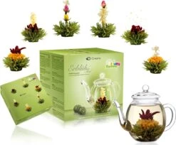 Theebloemen Geschenkset Groene Thee Met Fruitsmaken En Theepot (6 Stuks Theebloemen)