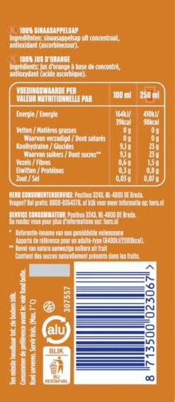 Hero Sinaasappelsap - Blikjes Sinaasappel Fruitsap - 100% Puur Fruit - Handige Tray - 24 X 250ml -Voedsel Serie Winkel 523x1200