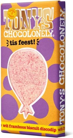 Tony's Chocolonely Witte Chocolade Framboos Biscuit Discodip Chocoladereep - Gefeliciteerd T Is Feest! - Chocolade Cadeau Verjaardag - Belgische Fairtrade Chocolade - 1 X 180 Gram -Voedsel Serie Winkel 640x1200 1