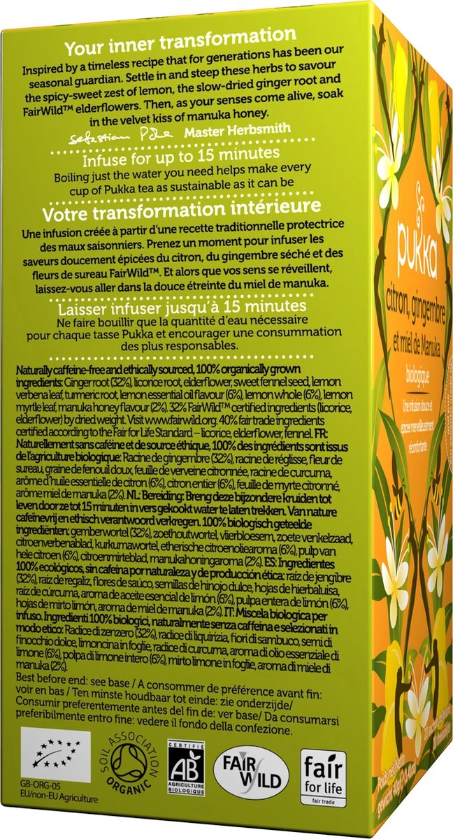 Pukka Lemon Ginger & Manuka Honey Thee, Met Gember, Citroen En Honing - 4 X 20 Zakjes - GB-BIO-05 2 Pukka Lemon Ginger & Manuka Honey Thee, Met Gember, Citroen En Honing - 4 X 20 Zakjes - GB-BIO-05 - Afbeelding 2
