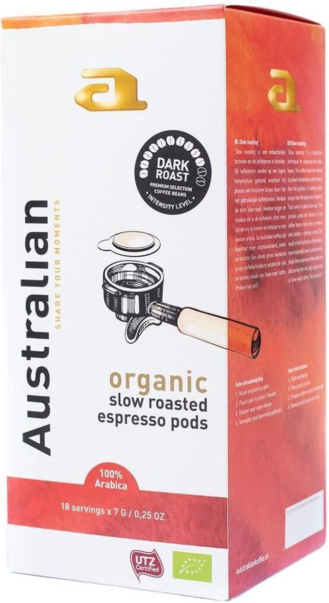 Australian Espresso Pods Dark Roast -4 X 18 Stuks- UTZ Organic 1 Australian Espresso Pods Dark Roast -4 X 18 Stuks- UTZ Organic