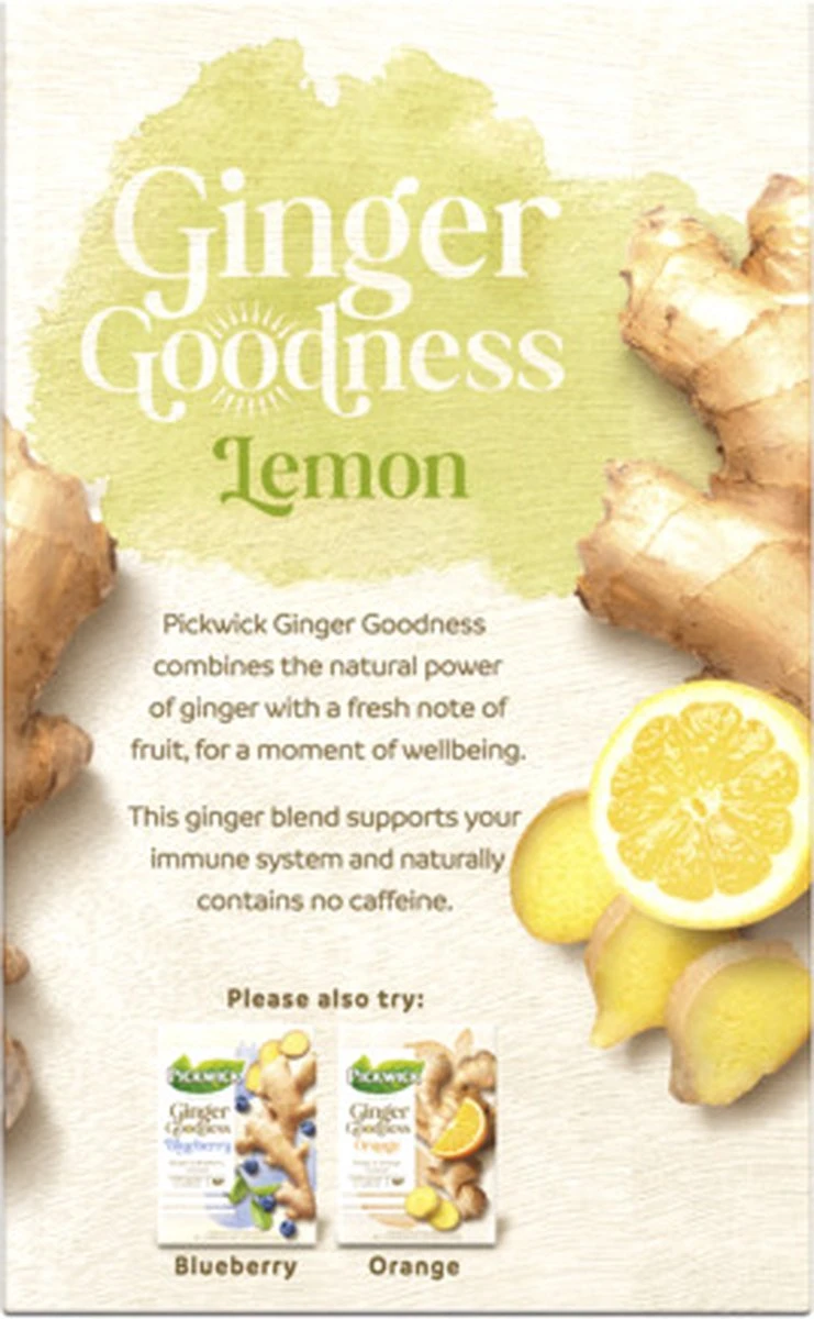 Pickwick Kruidenthee Ginger Goodness Lemon - 4 X 15 Theezakjes 2 Pickwick Kruidenthee Ginger Goodness Lemon - 4 X 15 Theezakjes - Afbeelding 2
