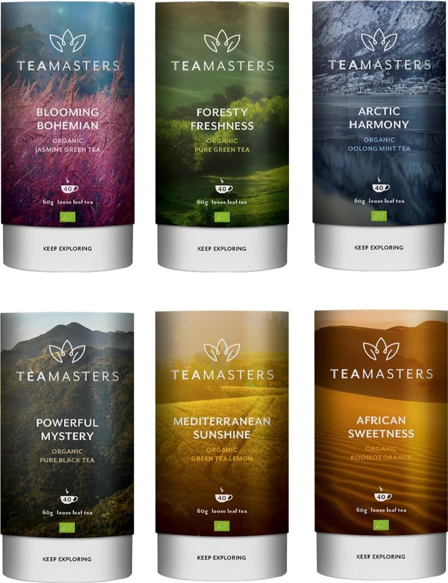 Teamasters Pure & Blends Mixbox - 6 X 60 Gram - Biologische Losse Thee - Rooibos Thee - Munt Thee - Citroen Thee - Groene Thee - Jasmijn Thee - Zwarte Thee - Oolong Thee - IJsthee - Zomer 1 Teamasters Pure & Blends Mixbox - 6 X 60 Gram - Biologische Losse Thee - Rooibos Thee - Munt Thee - Citroen Thee - Groene Thee - Jasmijn Thee - Zwarte Thee - Oolong Thee - IJsthee - Zomer